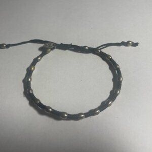 Tai black waxed cord adjustable bracelet with silver metal beads